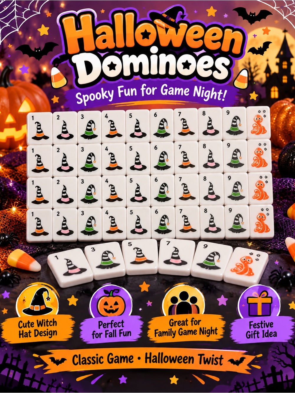 Halloween Dominoes Game Set - Orange, Black & Green